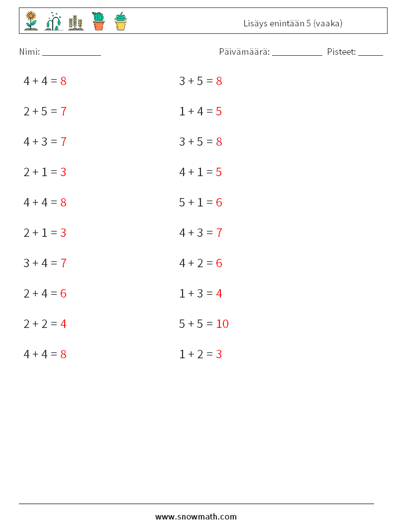 (20) Lisäys enintään 5 (vaaka) Matematiikan laskentataulukot 3 Kysymys, vastaus