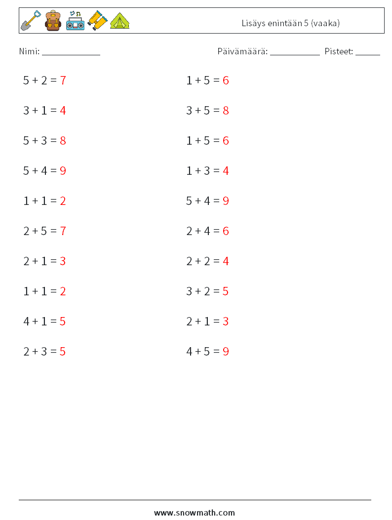 (20) Lisäys enintään 5 (vaaka) Matematiikan laskentataulukot 4 Kysymys, vastaus