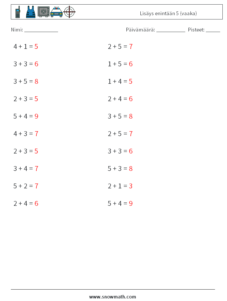 (20) Lisäys enintään 5 (vaaka) Matematiikan laskentataulukot 8 Kysymys, vastaus