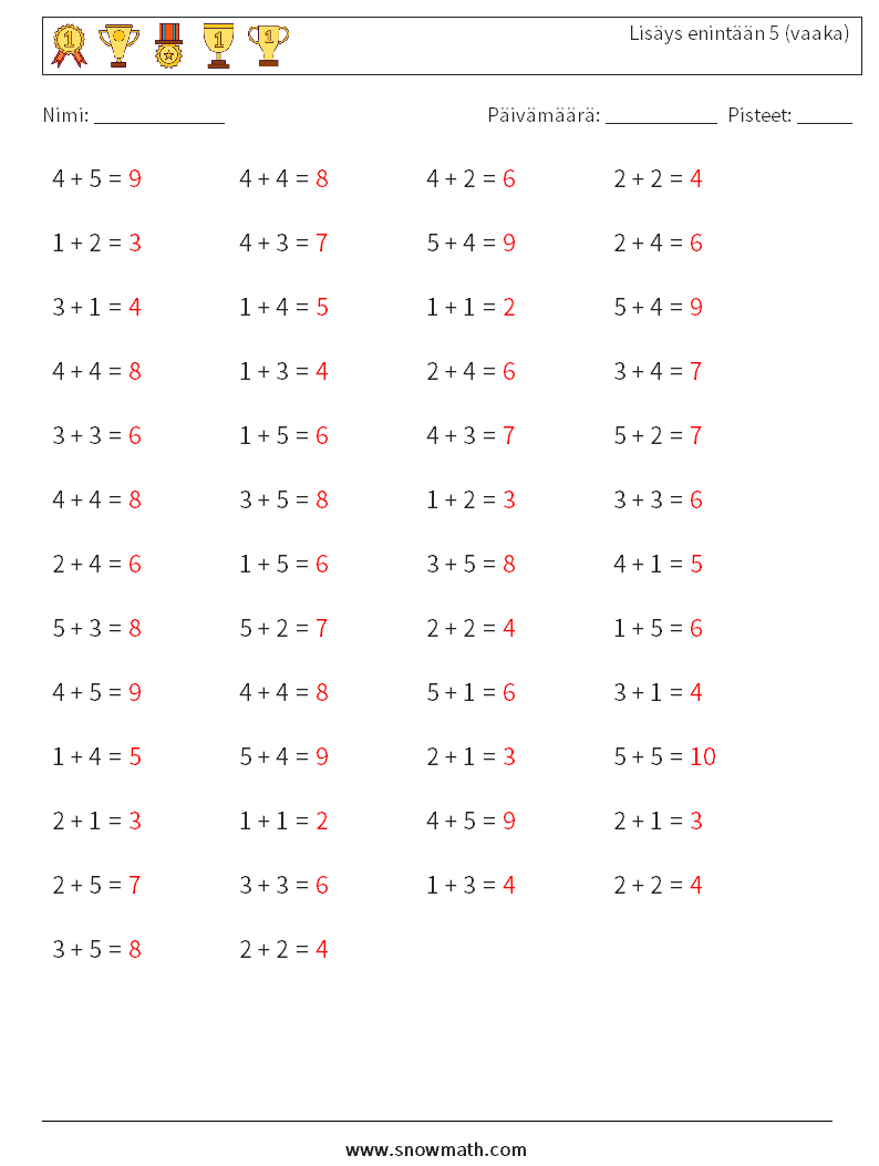 (50) Lisäys enintään 5 (vaaka) Matematiikan laskentataulukot 1 Kysymys, vastaus