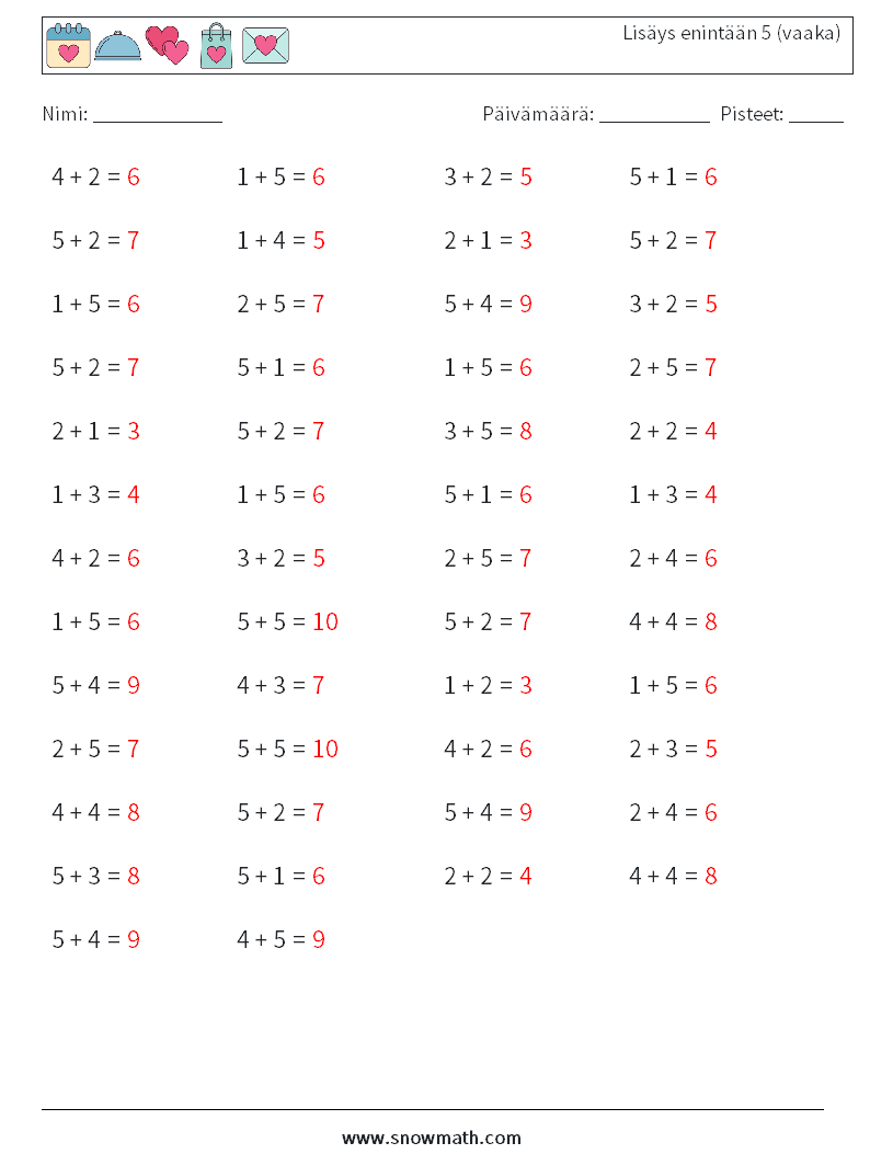 (50) Lisäys enintään 5 (vaaka) Matematiikan laskentataulukot 2 Kysymys, vastaus