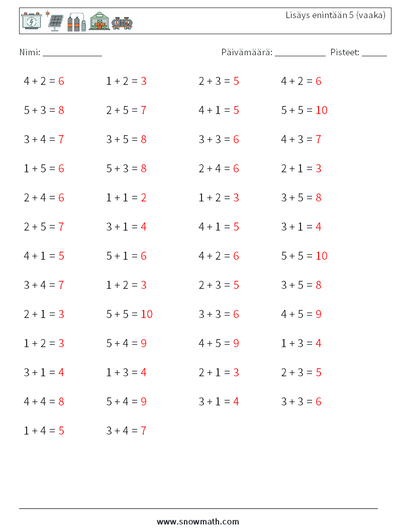 (50) Lisäys enintään 5 (vaaka) Matematiikan laskentataulukot 3 Kysymys, vastaus