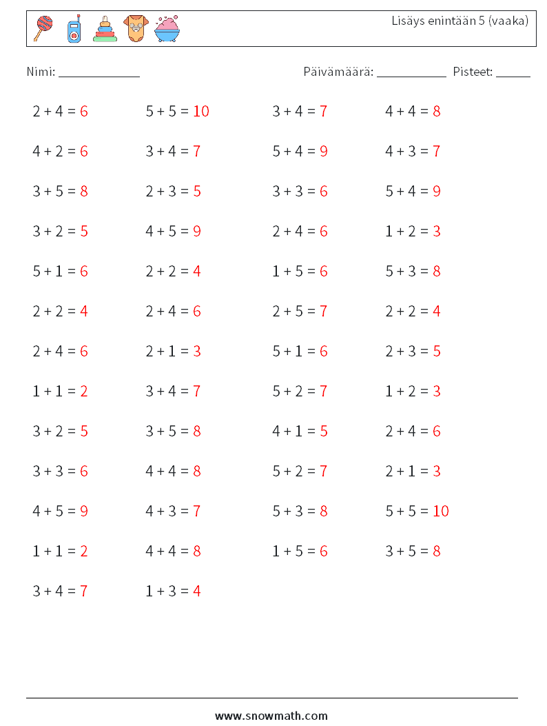 (50) Lisäys enintään 5 (vaaka) Matematiikan laskentataulukot 8 Kysymys, vastaus