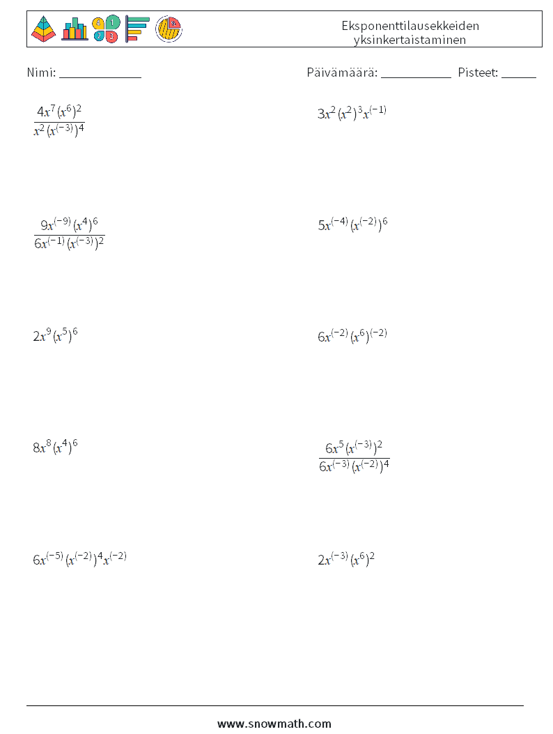  Eksponenttilausekkeiden yksinkertaistaminen Matematiikan laskentataulukot 5