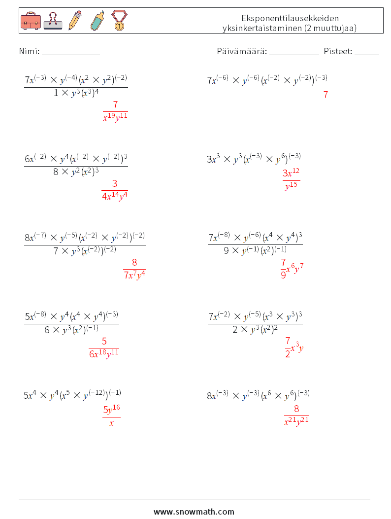  Eksponenttilausekkeiden yksinkertaistaminen (2 muuttujaa) Matematiikan laskentataulukot 1 Kysymys, vastaus