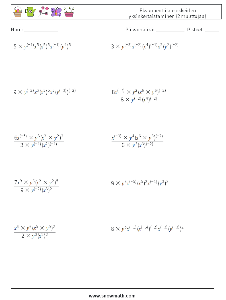  Eksponenttilausekkeiden yksinkertaistaminen (2 muuttujaa) Matematiikan laskentataulukot 2