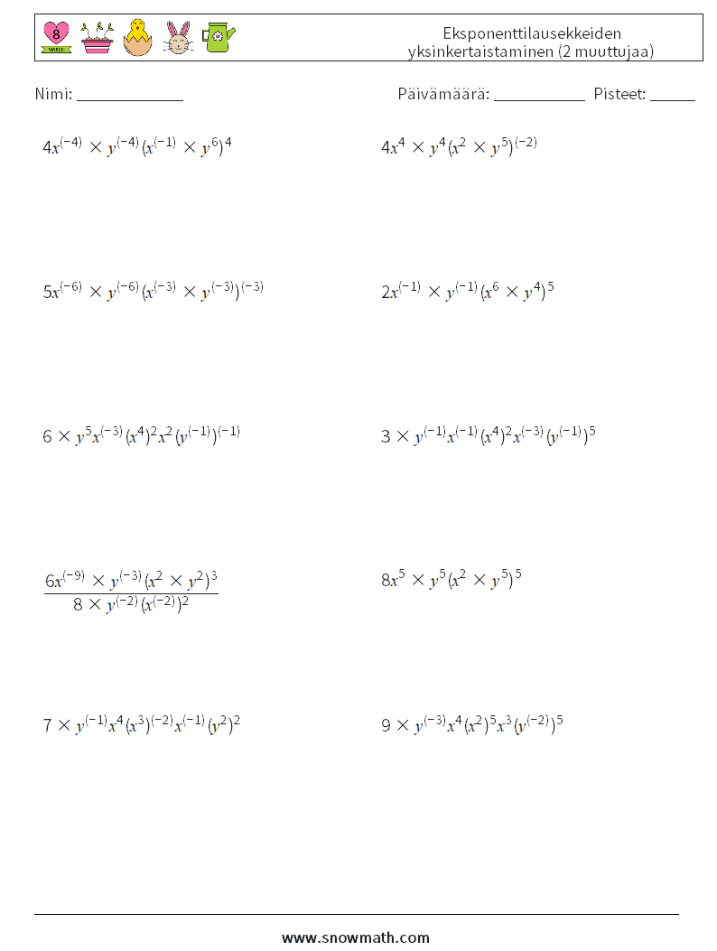  Eksponenttilausekkeiden yksinkertaistaminen (2 muuttujaa) Matematiikan laskentataulukot 3