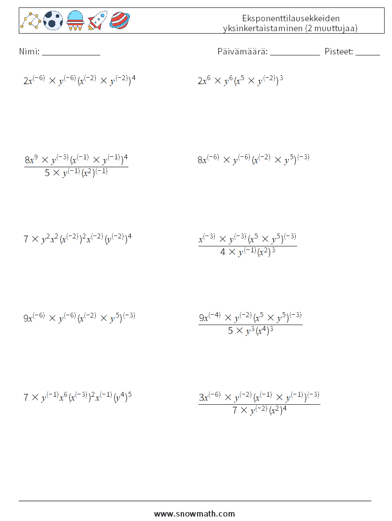  Eksponenttilausekkeiden yksinkertaistaminen (2 muuttujaa) Matematiikan laskentataulukot 5