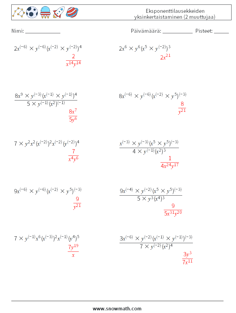  Eksponenttilausekkeiden yksinkertaistaminen (2 muuttujaa) Matematiikan laskentataulukot 5 Kysymys, vastaus