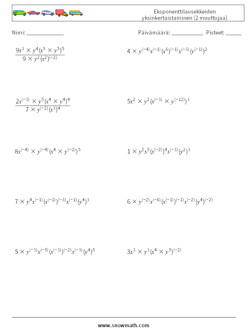  Eksponenttilausekkeiden yksinkertaistaminen (2 muuttujaa) Matematiikan laskentataulukot 6