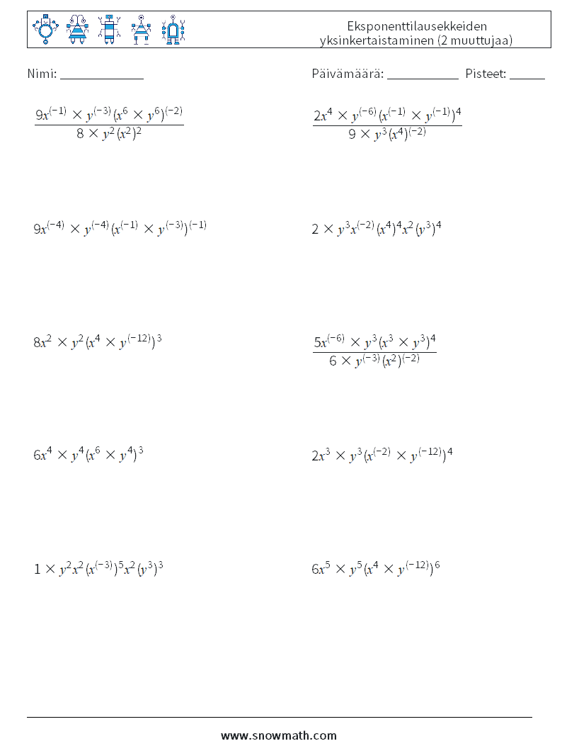  Eksponenttilausekkeiden yksinkertaistaminen (2 muuttujaa) Matematiikan laskentataulukot 7