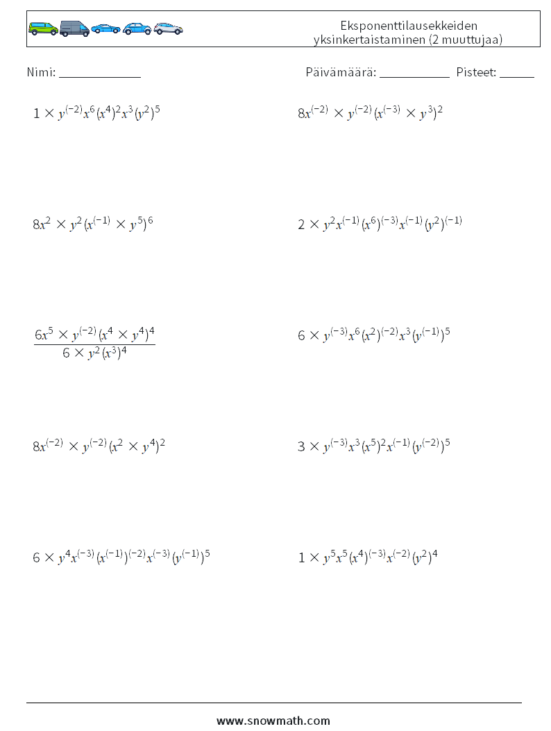  Eksponenttilausekkeiden yksinkertaistaminen (2 muuttujaa) Matematiikan laskentataulukot 8