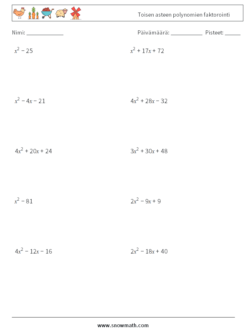 Toisen asteen polynomien faktorointi Matematiikan laskentataulukot 8