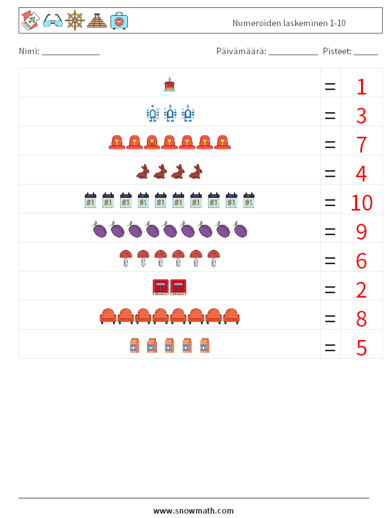 Numeroiden laskeminen 1-10 Matematiikan laskentataulukot 15 Kysymys, vastaus