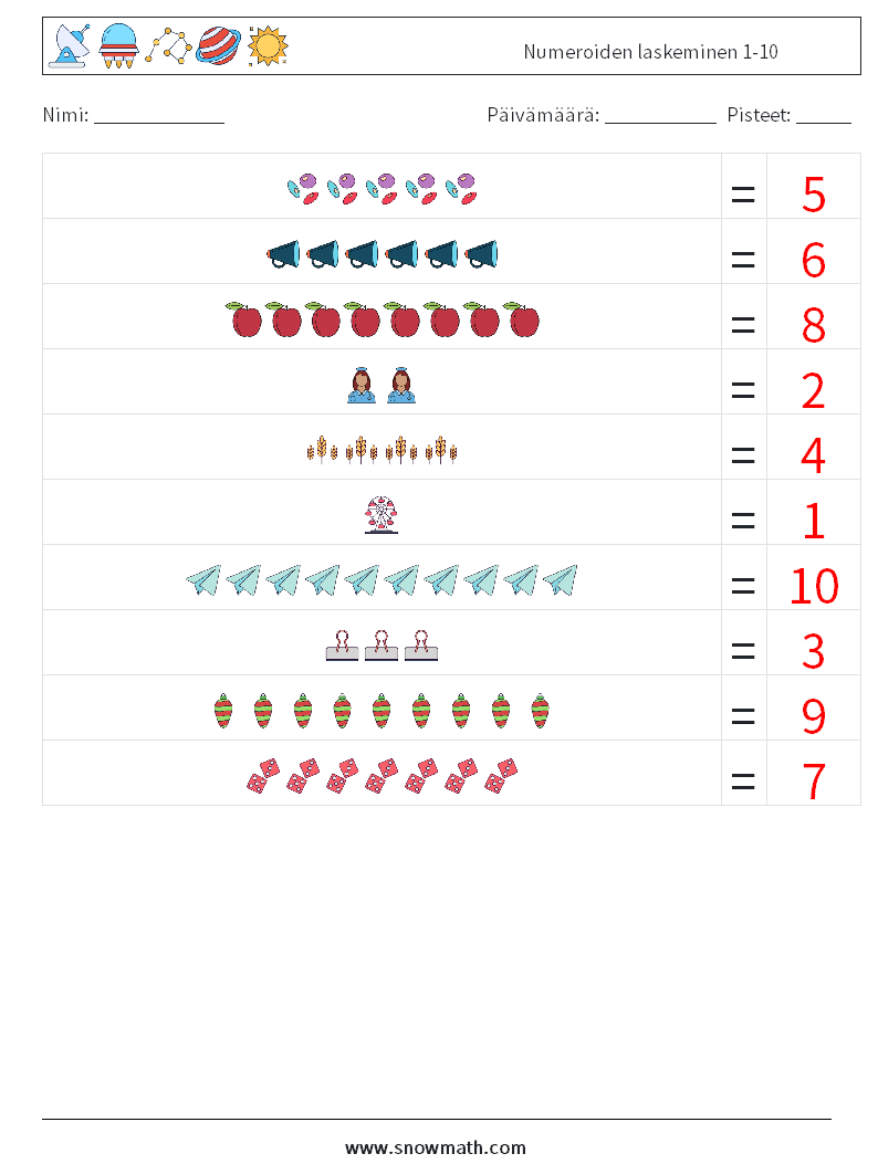 Numeroiden laskeminen 1-10 Matematiikan laskentataulukot 16 Kysymys, vastaus