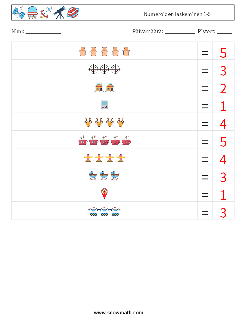 Numeroiden laskeminen 1-5 Matematiikan laskentataulukot 10 Kysymys, vastaus