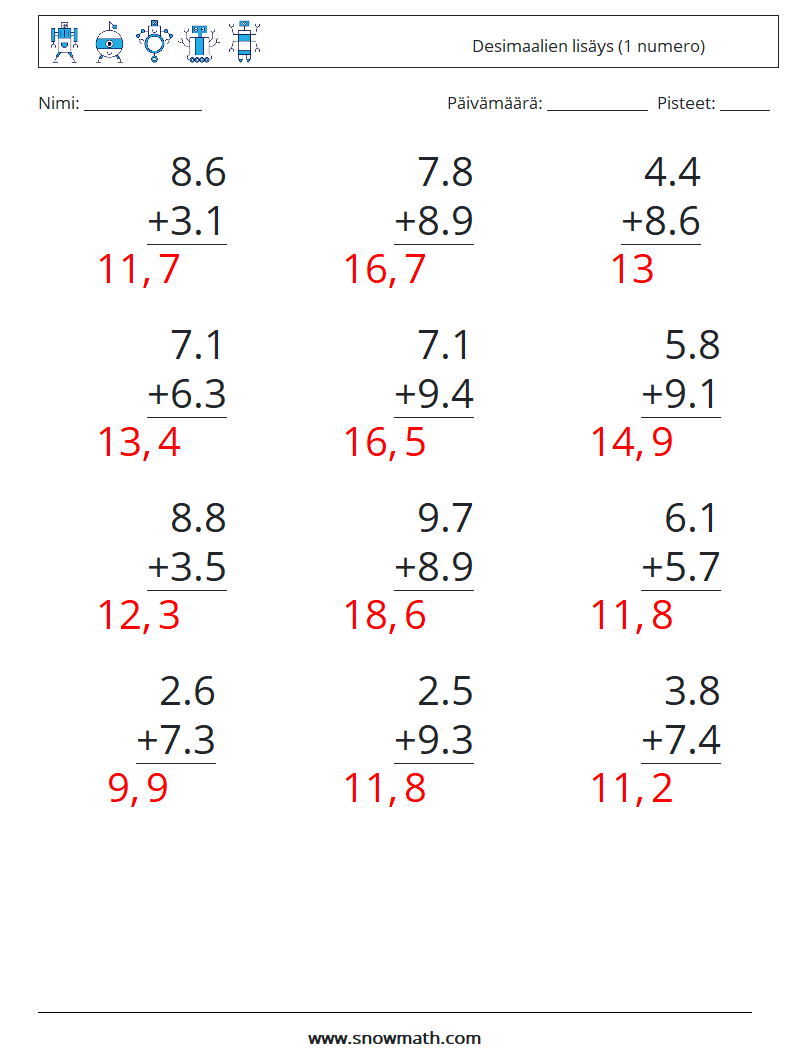 (12) Desimaalien lisäys (1 numero) Matematiikan laskentataulukot 12 Kysymys, vastaus