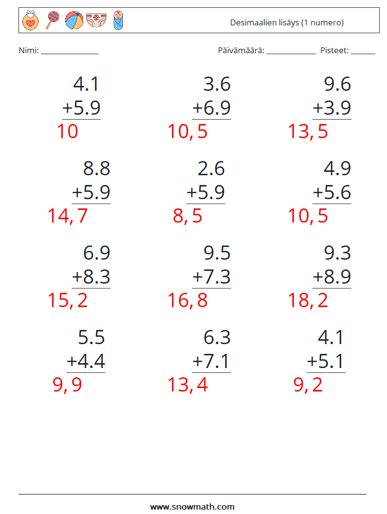 (12) Desimaalien lisäys (1 numero) Matematiikan laskentataulukot 14 Kysymys, vastaus