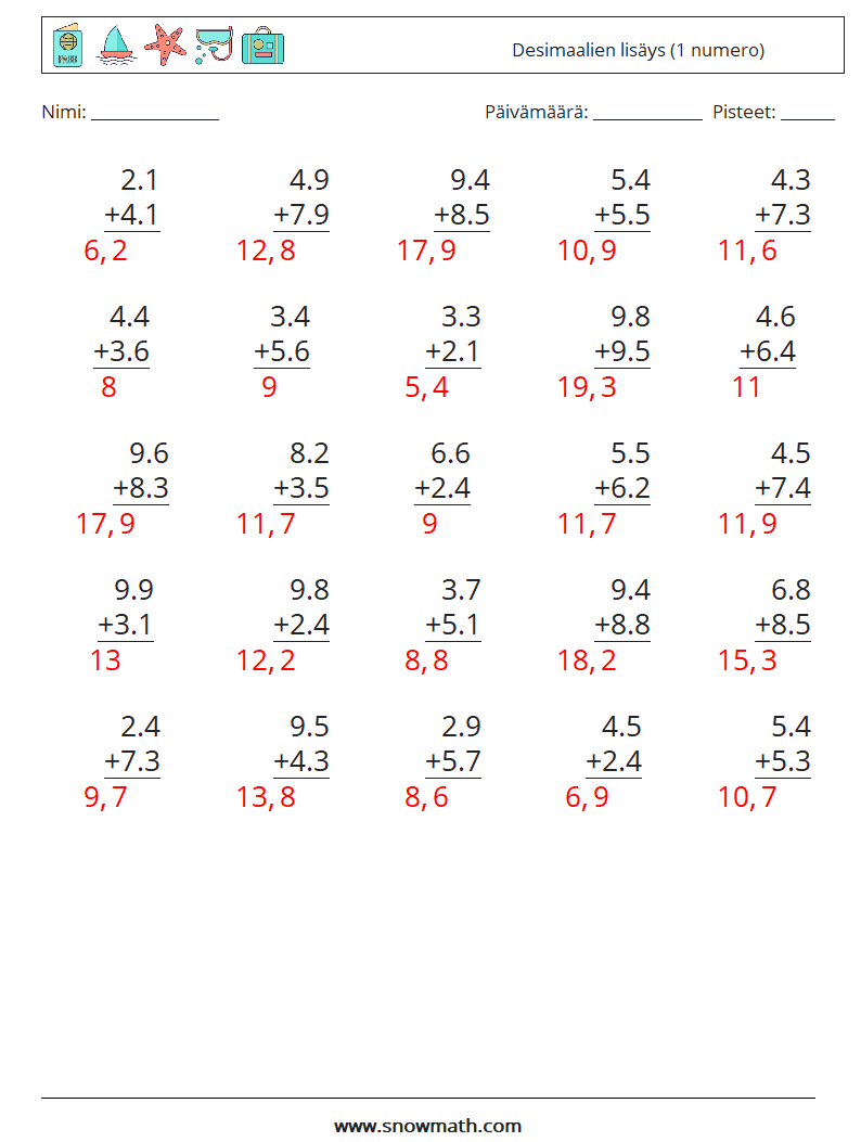 (25) Desimaalien lisäys (1 numero) Matematiikan laskentataulukot 16 Kysymys, vastaus