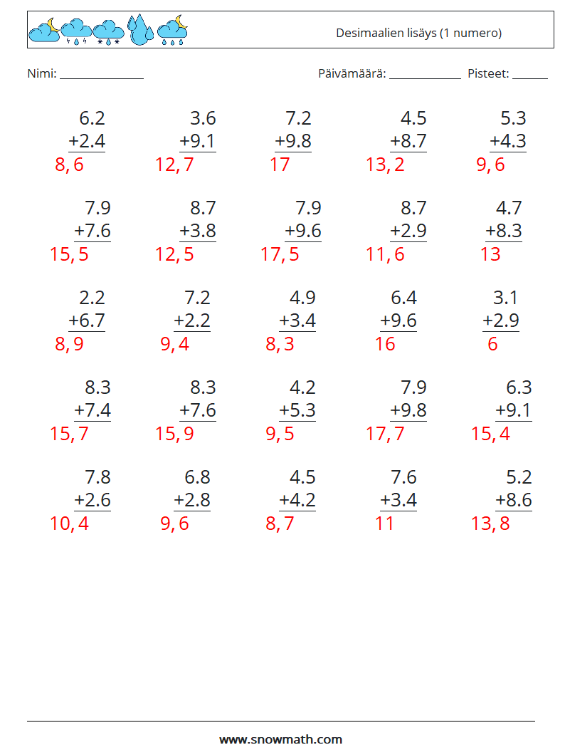 (25) Desimaalien lisäys (1 numero) Matematiikan laskentataulukot 18 Kysymys, vastaus