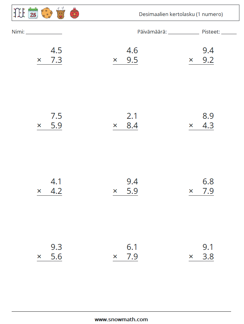 (12) Desimaalien kertolasku (1 numero) Matematiikan laskentataulukot 10