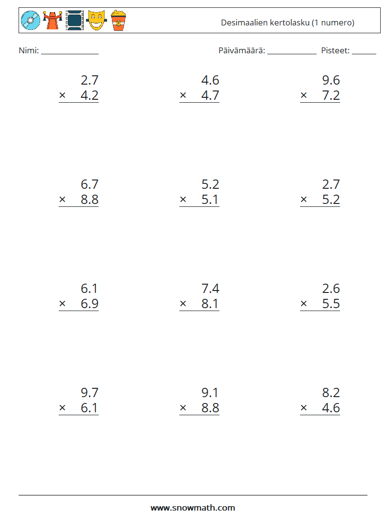 (12) Desimaalien kertolasku (1 numero) Matematiikan laskentataulukot 11