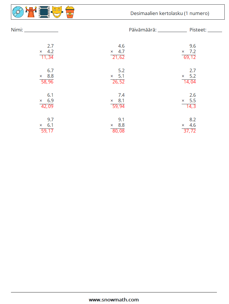(12) Desimaalien kertolasku (1 numero) Matematiikan laskentataulukot 11 Kysymys, vastaus