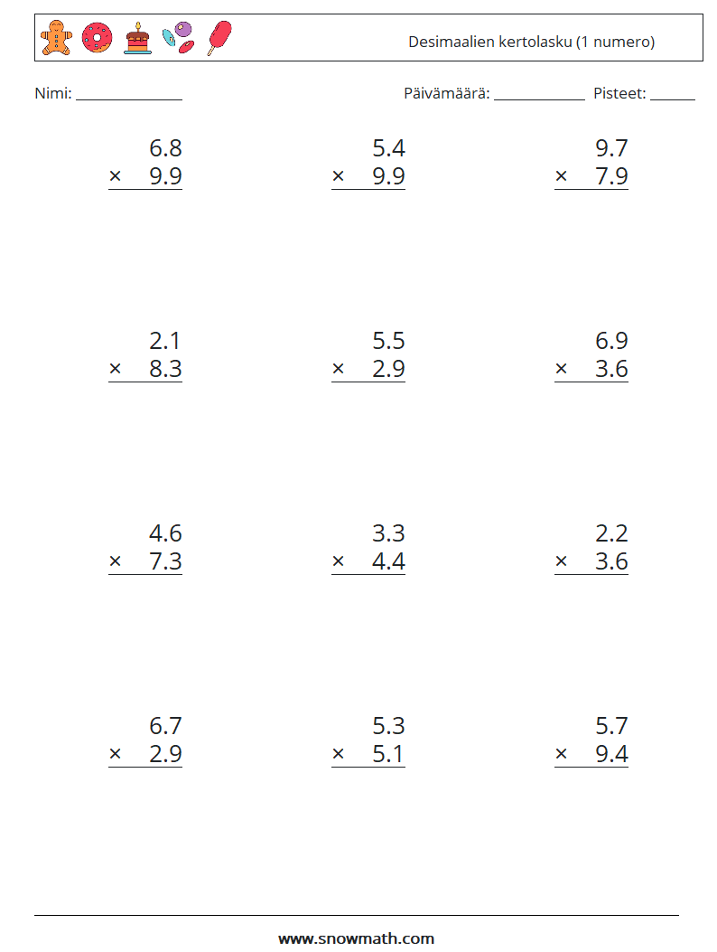 (12) Desimaalien kertolasku (1 numero) Matematiikan laskentataulukot 12