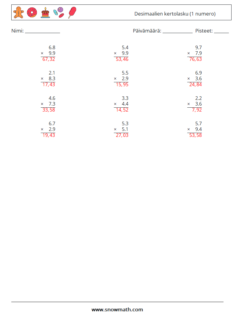 (12) Desimaalien kertolasku (1 numero) Matematiikan laskentataulukot 12 Kysymys, vastaus