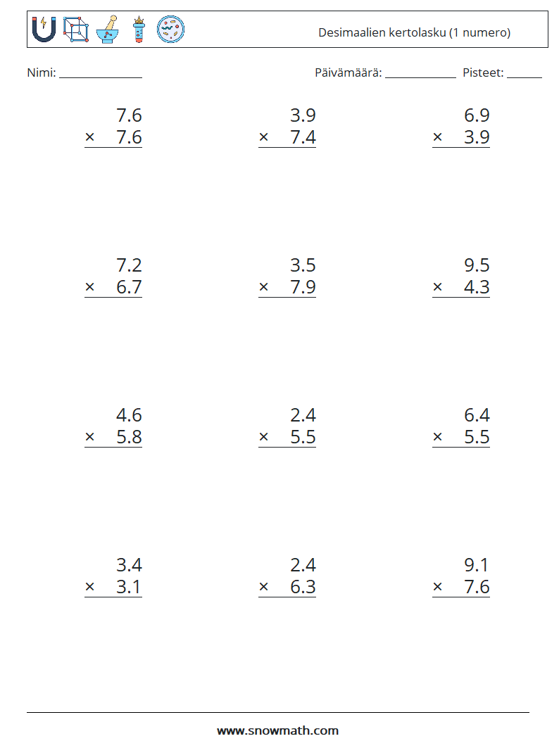 (12) Desimaalien kertolasku (1 numero) Matematiikan laskentataulukot 13