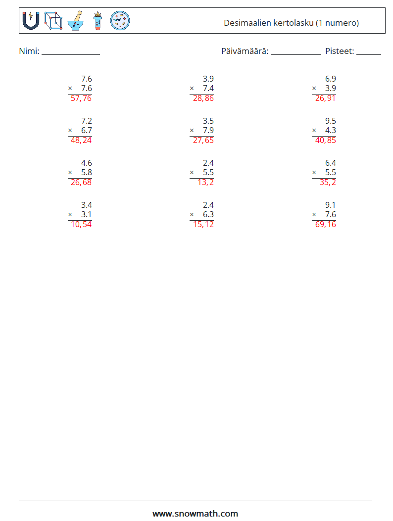 (12) Desimaalien kertolasku (1 numero) Matematiikan laskentataulukot 13 Kysymys, vastaus