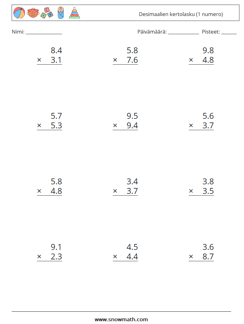 (12) Desimaalien kertolasku (1 numero) Matematiikan laskentataulukot 14