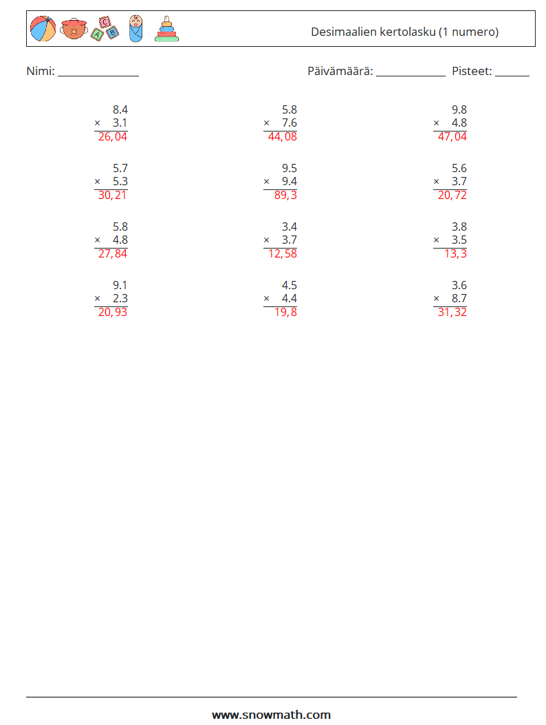 (12) Desimaalien kertolasku (1 numero) Matematiikan laskentataulukot 14 Kysymys, vastaus