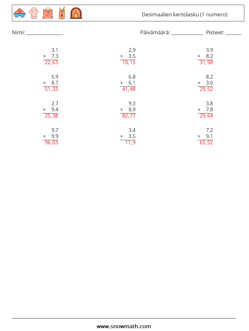(12) Desimaalien kertolasku (1 numero) Matematiikan laskentataulukot 15 Kysymys, vastaus