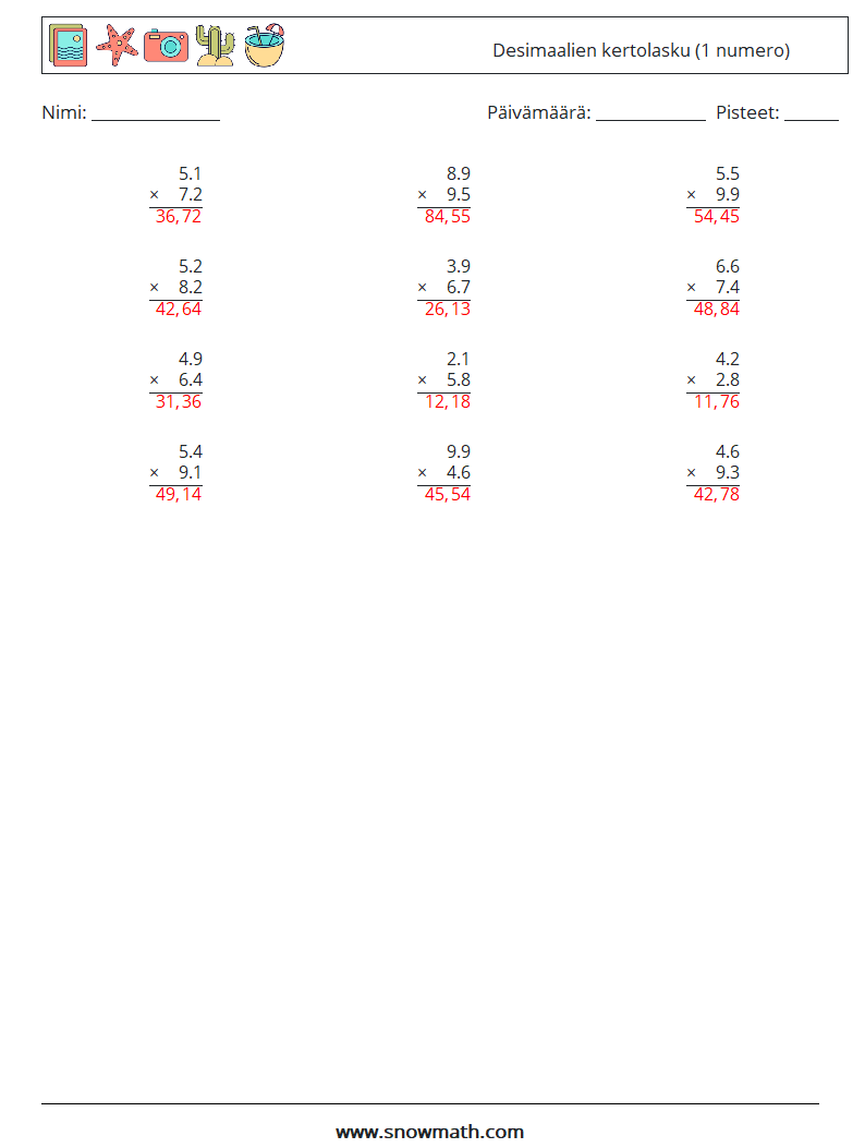 (12) Desimaalien kertolasku (1 numero) Matematiikan laskentataulukot 16 Kysymys, vastaus