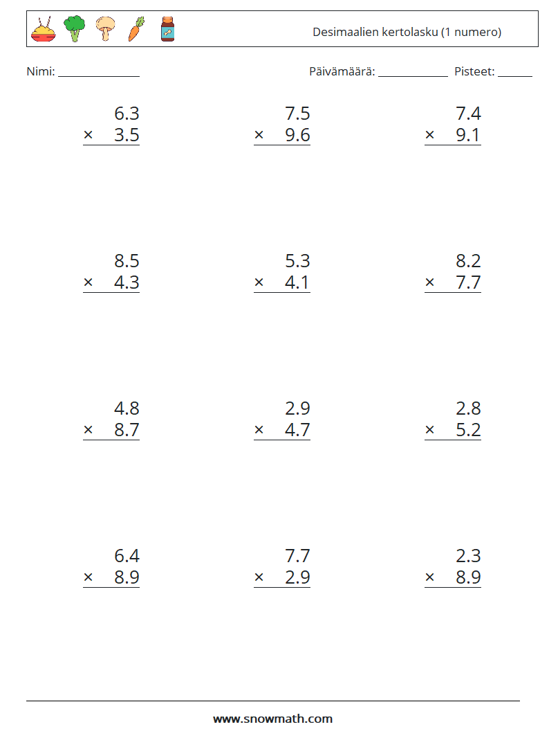 (12) Desimaalien kertolasku (1 numero) Matematiikan laskentataulukot 17