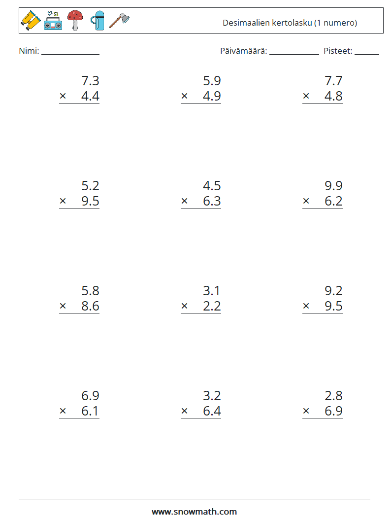 (12) Desimaalien kertolasku (1 numero) Matematiikan laskentataulukot 18