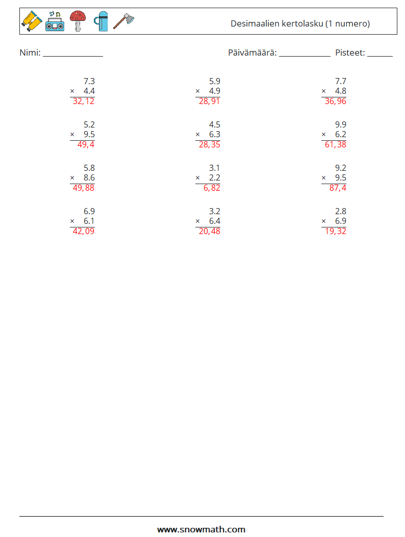 (12) Desimaalien kertolasku (1 numero) Matematiikan laskentataulukot 18 Kysymys, vastaus