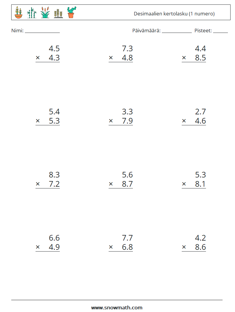 (12) Desimaalien kertolasku (1 numero) Matematiikan laskentataulukot 2