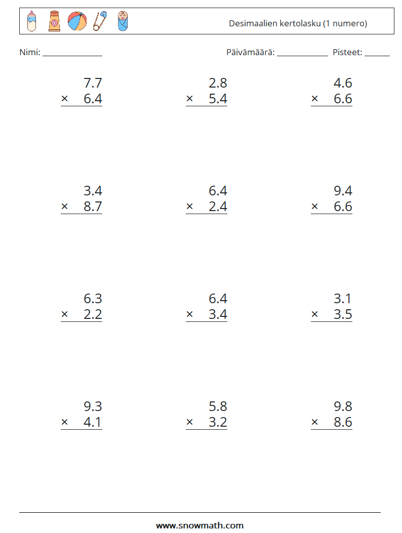 (12) Desimaalien kertolasku (1 numero) Matematiikan laskentataulukot 3