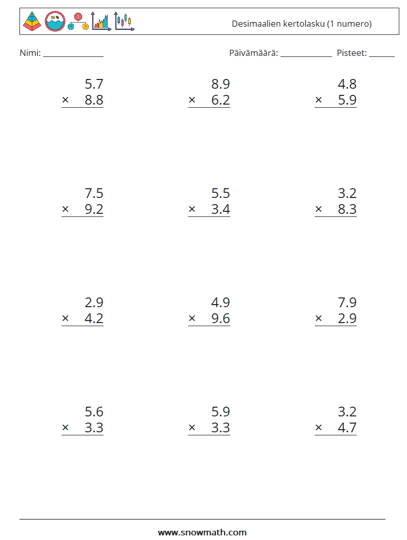 (12) Desimaalien kertolasku (1 numero) Matematiikan laskentataulukot 4
