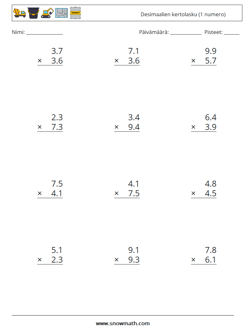 (12) Desimaalien kertolasku (1 numero) Matematiikan laskentataulukot 7