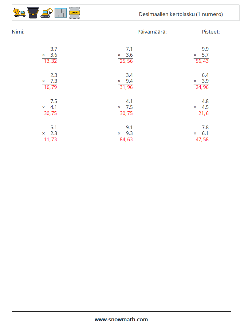 (12) Desimaalien kertolasku (1 numero) Matematiikan laskentataulukot 7 Kysymys, vastaus