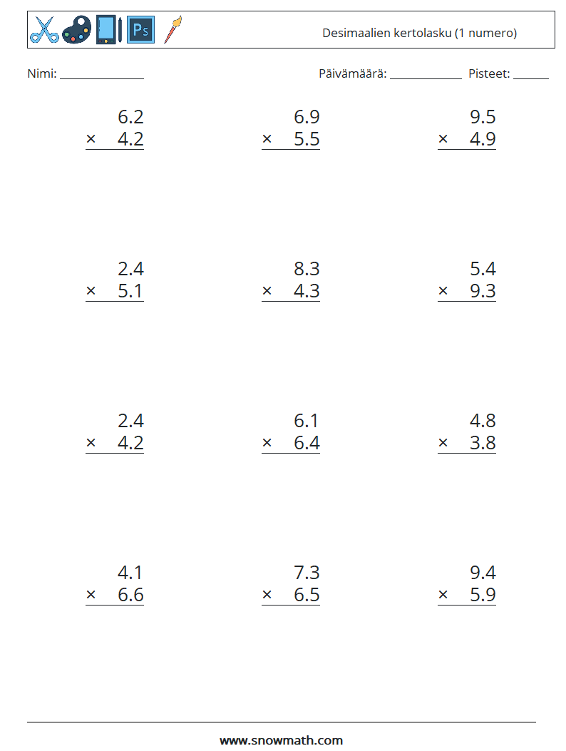 (12) Desimaalien kertolasku (1 numero) Matematiikan laskentataulukot 8