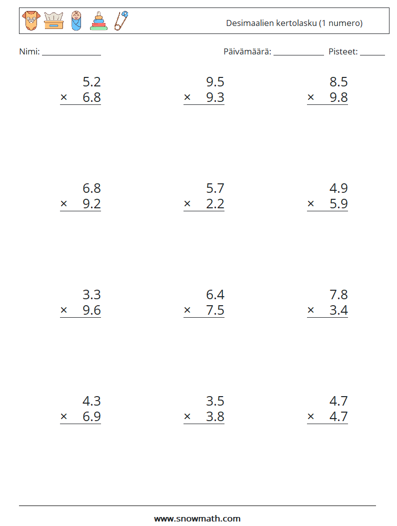 (12) Desimaalien kertolasku (1 numero) Matematiikan laskentataulukot 9