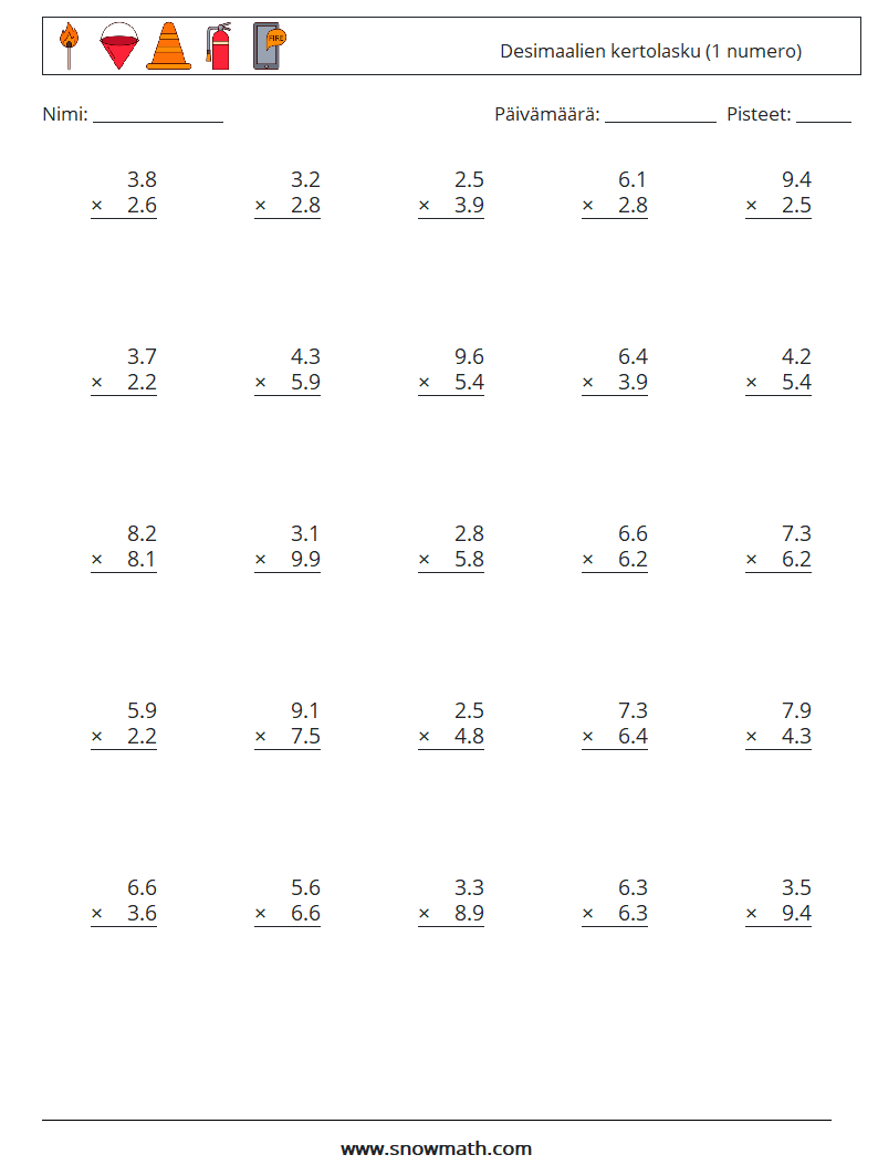 (25) Desimaalien kertolasku (1 numero) Matematiikan laskentataulukot 10