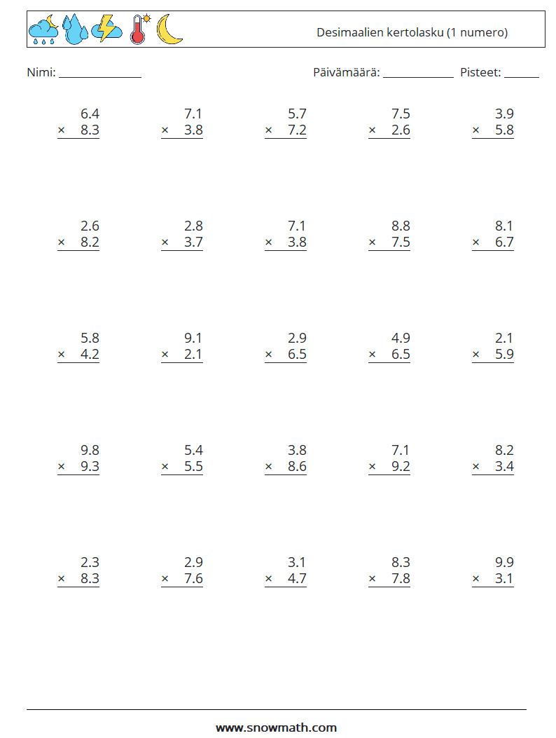 (25) Desimaalien kertolasku (1 numero) Matematiikan laskentataulukot 12