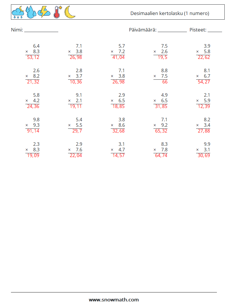 (25) Desimaalien kertolasku (1 numero) Matematiikan laskentataulukot 12 Kysymys, vastaus