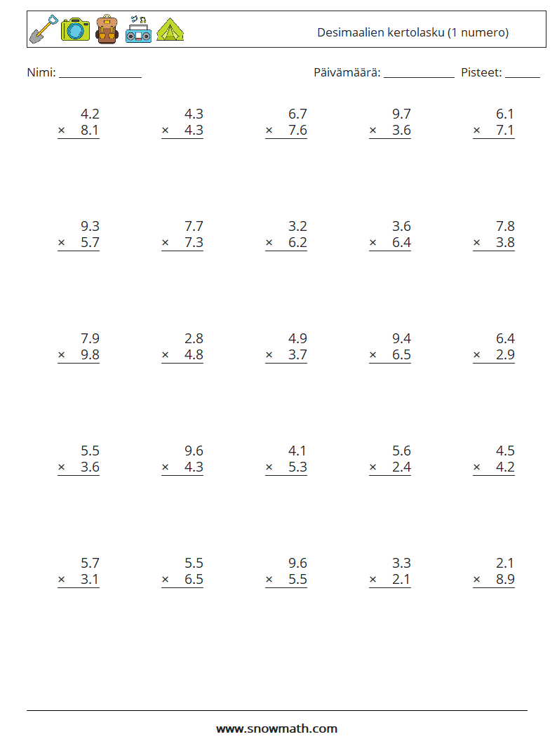 (25) Desimaalien kertolasku (1 numero) Matematiikan laskentataulukot 14