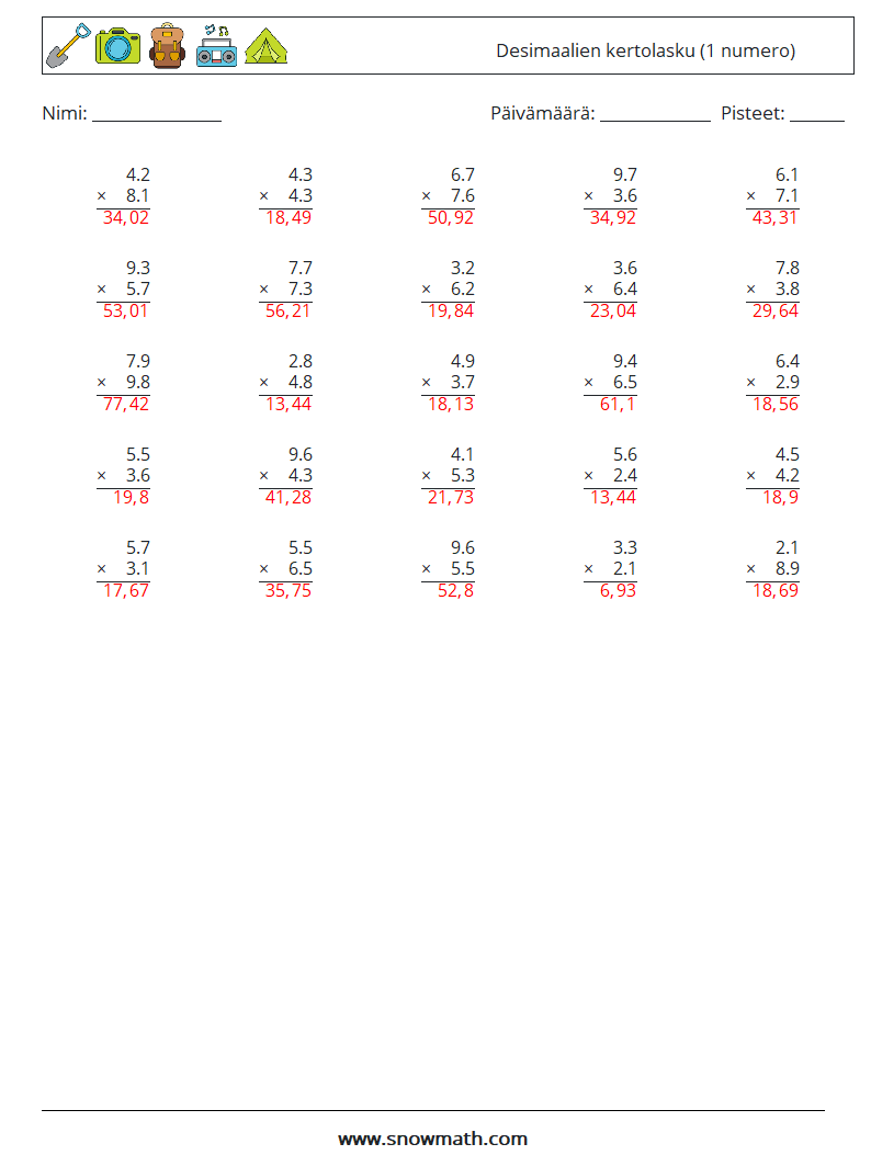 (25) Desimaalien kertolasku (1 numero) Matematiikan laskentataulukot 14 Kysymys, vastaus